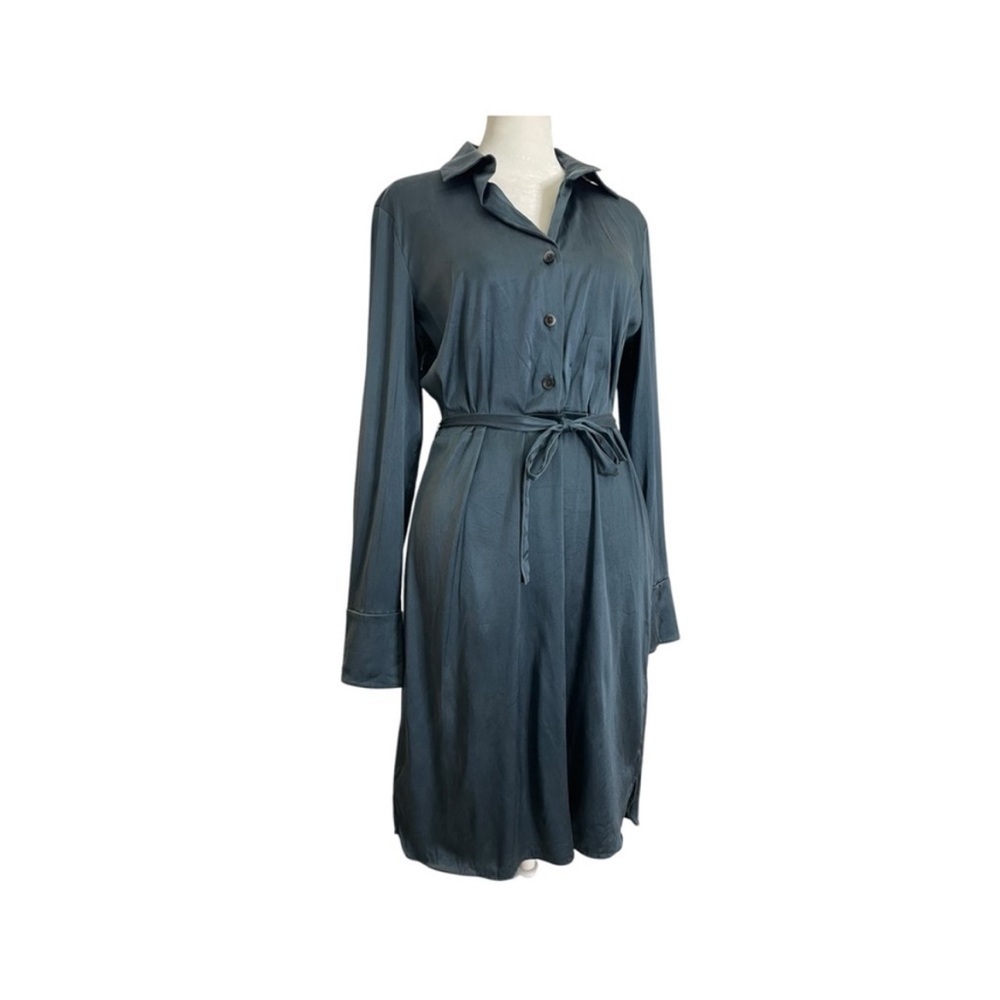 NWT Ann Taylor Silk Blend Button Front Long Sleeve Shirt Dress Dark Blue Small